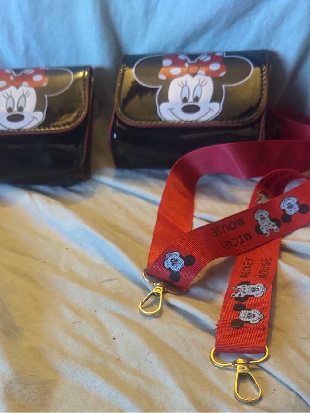 Disney Minnie Mouse Black Shiny Pouches with Red Character Lanyards